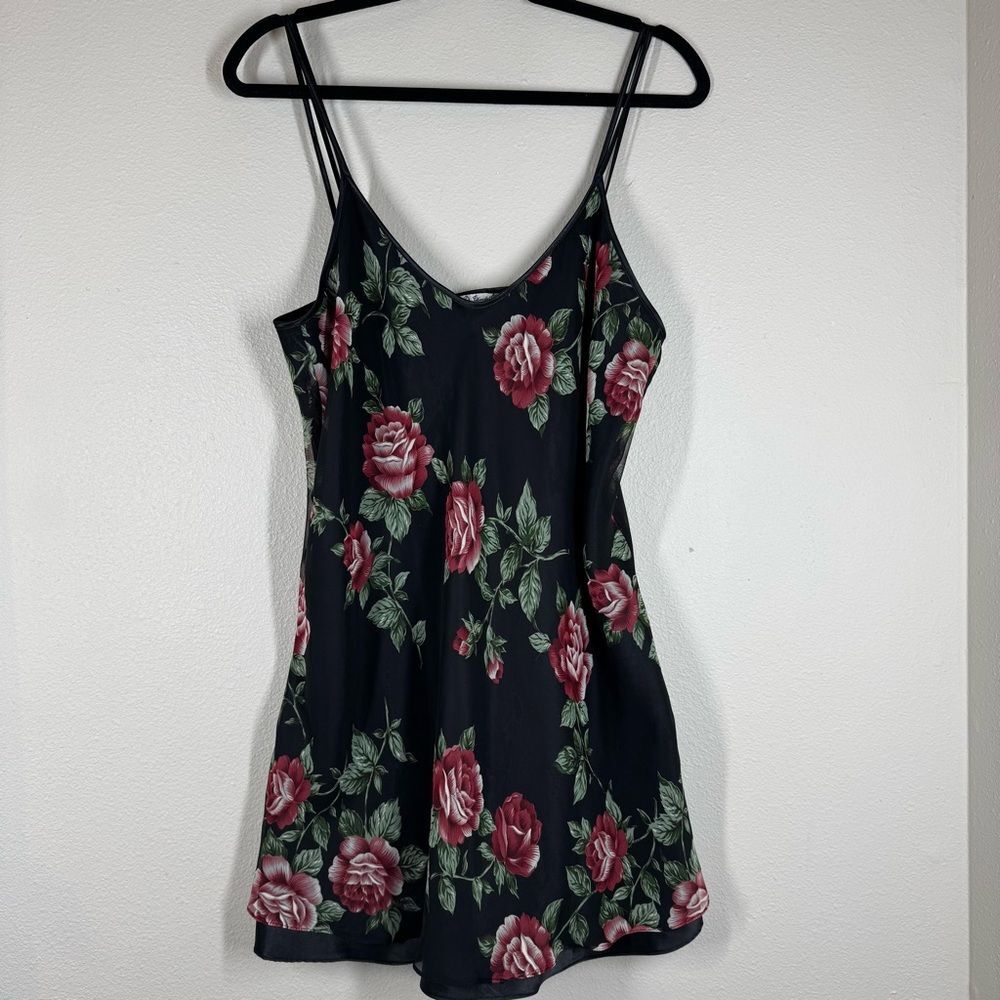 Vintage Intimate Affair Floral Slip Dress Satin Mini Nightgown Roses Size Large